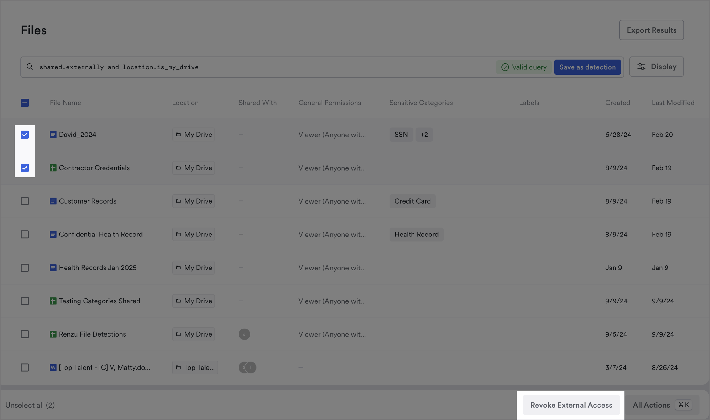 check boxes for files then click revoke external access at the bottom of the screen to revoke external access to multiple files