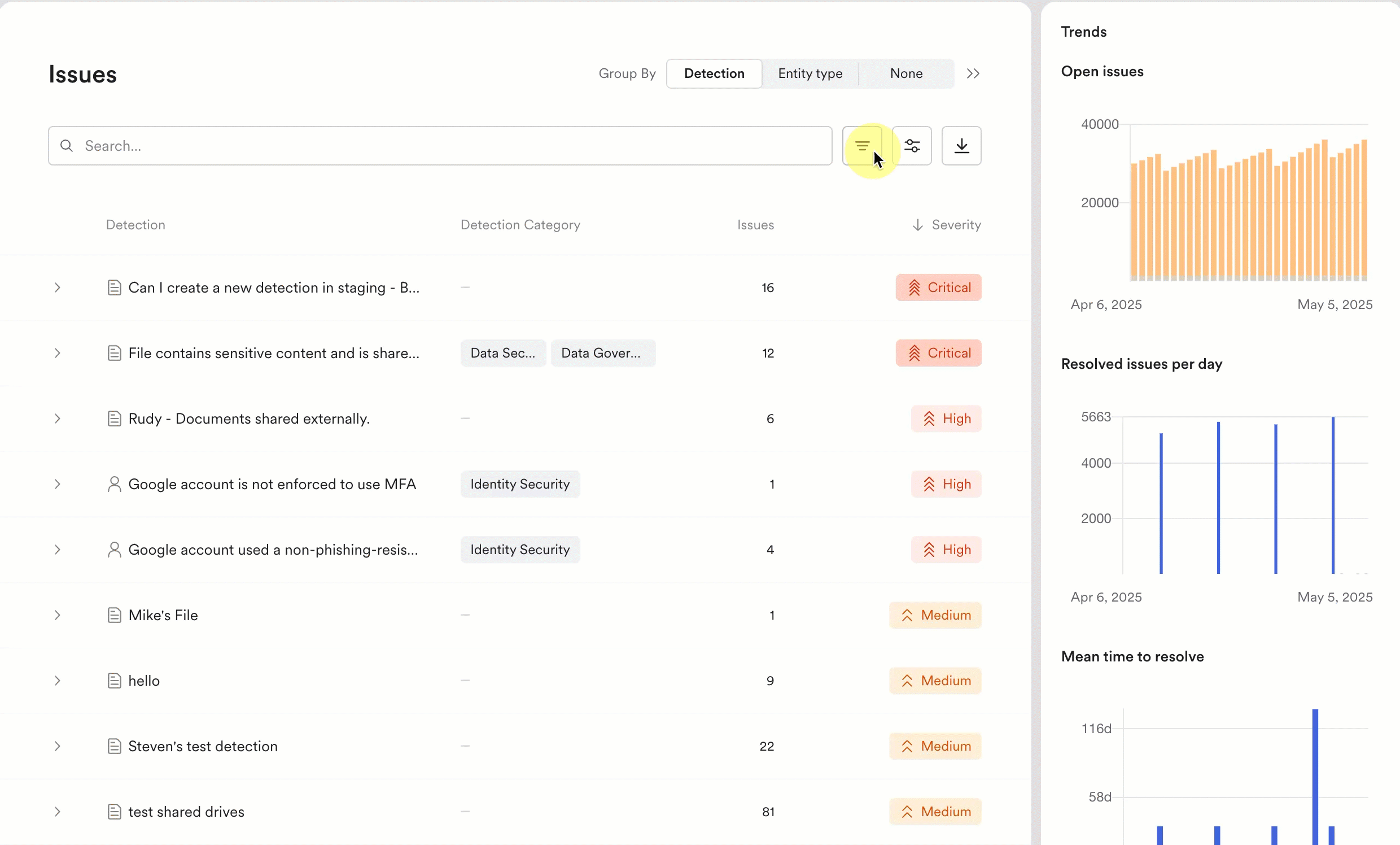 the filter icon is three lines next to search, choose detection to filter by detection type