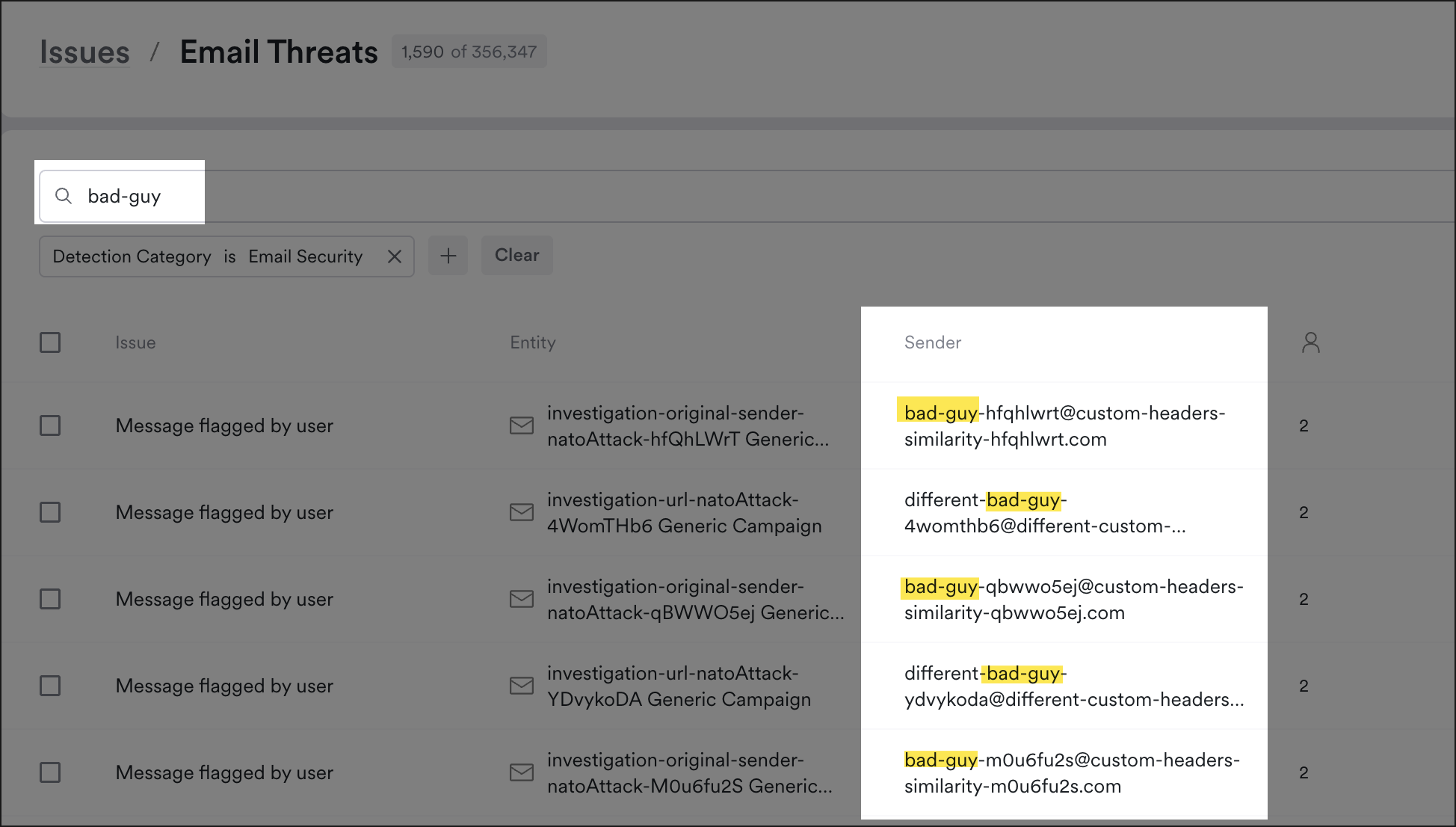 Email Threats: search by sender